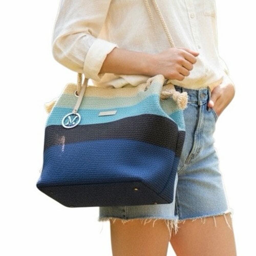 NEW Amiani Beach Tote Bag Striped Blue Gradient Jute Rope Handles Summer Purse - Picture 2 of 16